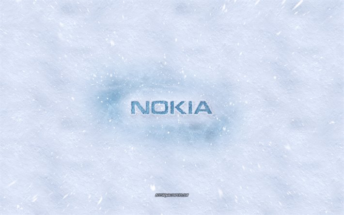 Log&#243;tipo Nokia, inverno conceitos, neve textura, neve de fundo, Nokia emblema, inverno arte, Nokia