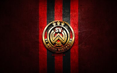 Travaglio Wiesbaden FC, golden logo, Bundesliga 2, red metal background, football, lavagnese Wiesbaden, italian football club, Travaglio Wiesbaden logo, soccer, Germany