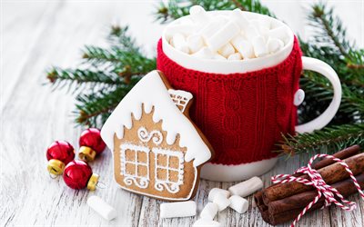 Feliz Natal, vermelho de malha copa, Biscoitos de natal, Feliz Ano Novo, canela, marshmallows, doces