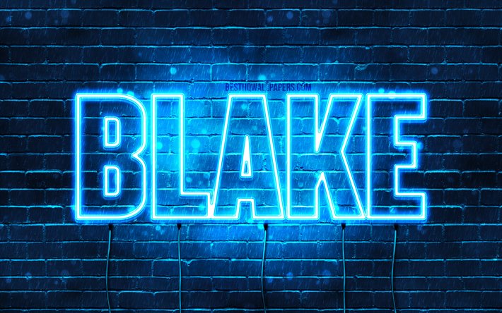 Blake, 4k, fondos de pantalla con los nombres, el texto horizontal, Blake nombre, luces azules de ne&#243;n, de la imagen con el nombre de Blake
