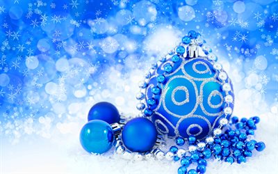 blue christmas balls, 4k, xmas decorations, New Year, Blue Christmas background, christmas decorations, blue xmas balls