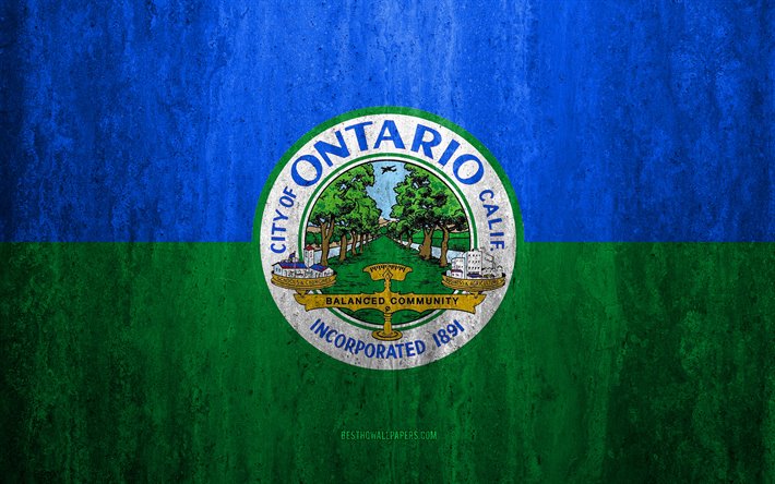 Bandiera di Ontario, California, 4k, pietra, sfondo, Americano, citt&#224;, grunge, bandiera, Ontario, USA, arte, texture, le bandiere delle citt&#224; americane