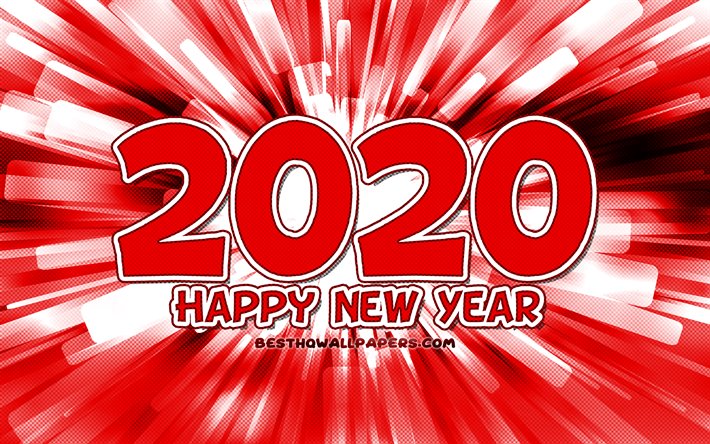4k, Feliz Nuevo A&#241;o 2020, rojo, rojo abstracto rayos, 2020 rojo d&#237;gitos, 2020 conceptos, 2020 sobre fondo rojo, 2020 d&#237;gitos de a&#241;o
