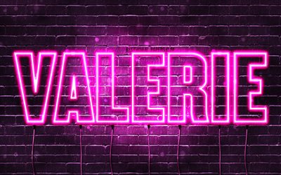 Valerie, 4k, wallpapers with names, female names, Valerie name, purple neon lights, horizontal text, picture with Valerie name