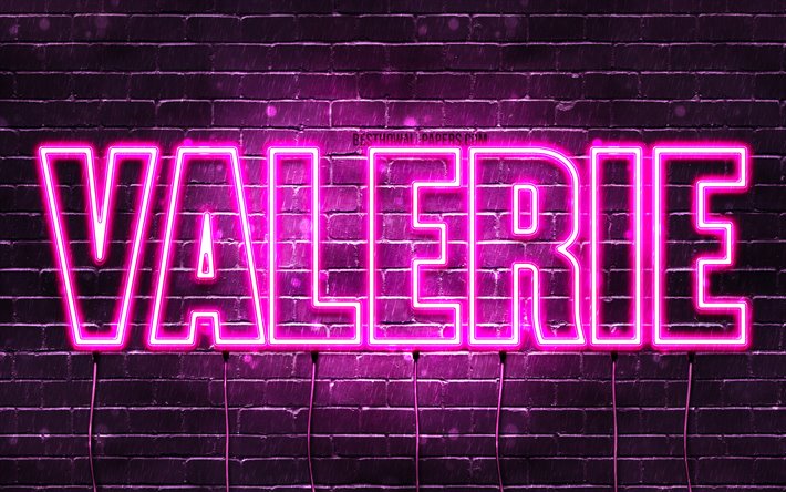 Valerie, 4k, tapeter med namn, kvinnliga namn, Valerie namn, lila neon lights, &#246;vergripande text, bild med Valerie namn