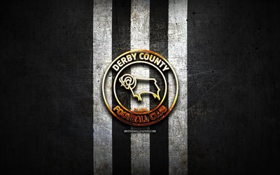 Derby County FC, logo dor&#233;, EFL Championnat, noir m&#233;tal, fond, football, club de football anglais, logo, Angleterre