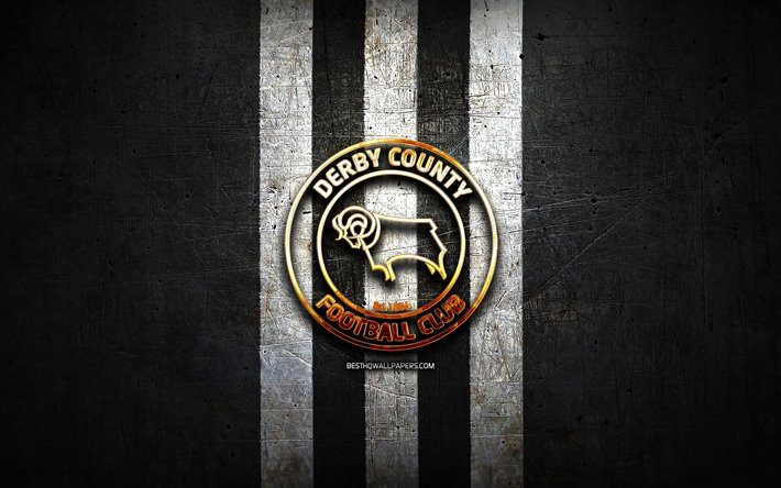 Derby County FC, golden logo, EFL Championship, black metal background, football, FC Derby County, english football club, Derby County FC logo, soccer, England