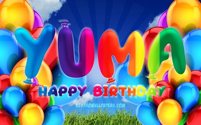 Yuma Happy Birthday, 4k, cloudy sky background, female names, Birthday Party, colorful ballons, Yuma name, Happy Birthday Yuma, Birthday concept, Yuma Birthday, Yuma