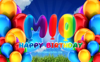 Mio Happy Birthday, 4k, cloudy sky background, female names, Birthday Party, colorful ballons, Mio name, Happy Birthday Mio, Birthday concept, Mio Birthday, Mio