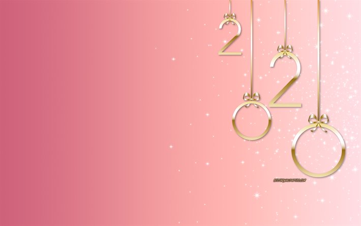 Pink 2020 background, Happy New Year 2020, golden letters, gold bows, 2020 concepts, 2020 New Year, Pink background