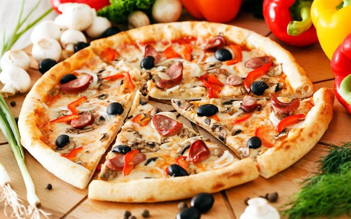 Scarica Sfondi Pizza Fast Food Pizza Con Salsiccia E Olive Cibo Concetti Sfondo Con La Pizza Per Desktop Libero Immagini Sfondo Del Desktop Libero