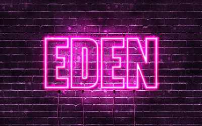 Eden, 4k, pap&#233;is de parede com os nomes de, nomes femininos, Eden nome, roxo luzes de neon, texto horizontal, imagem com nome do &#201;den