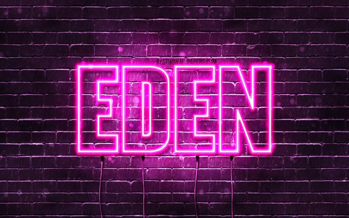 Eden, 4k, des fonds d&#39;&#233;cran avec des noms, des noms f&#233;minins, Eden nom, de violet, de n&#233;ons, le texte horizontal, image avec Eden nom