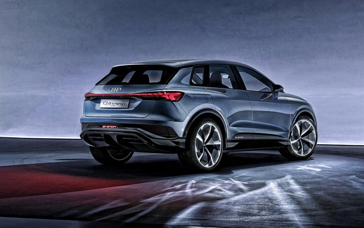 Audi Q4 e-tron, 2020, rear view, exterior, electric crossover, new silver Q4 e-tron, German electric cars, Audi