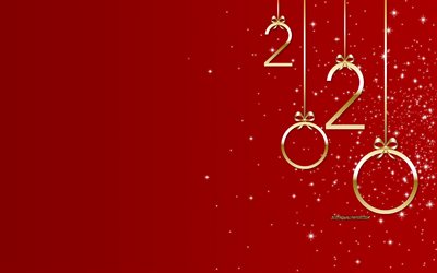 Red 2020 background, Happy New Year 2020, golden letters, gold bows, 2020 concepts, Red 2020 New Year background
