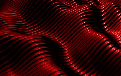 Metal rojo ola de fondo, 4k, 3d ola de fondo, Red 3d con textura de metal, de metal Rojo fondos