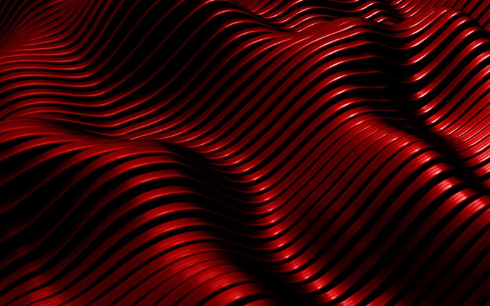 赤金属波背景, 4k, 3次元波動の背景, 赤3d金属の質感, 赤い金属の背景