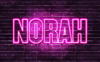 Norah, 4k, wallpapers with names, female names, Norah name, purple neon lights, horizontal text, picture with Norah name
