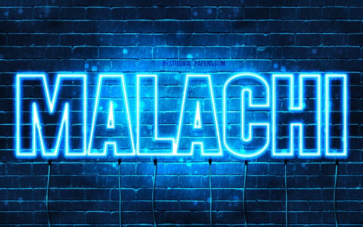 Malaquias, 4k, pap&#233;is de parede com os nomes de, texto horizontal, Malaquias nome, luzes de neon azuis, imagem com Malaquias nome