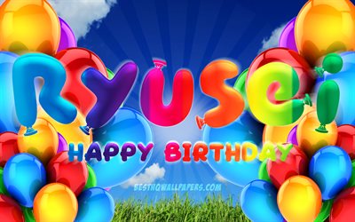 Ryusei buon Compleanno, 4k, cielo coperto sfondo, nomi di donna, Festa di Compleanno, palloncini colorati, Ryusei nome, Felice Compleanno Ryusei, feste di Compleanno, concetto, Ryusei Compleanno, Ryusei