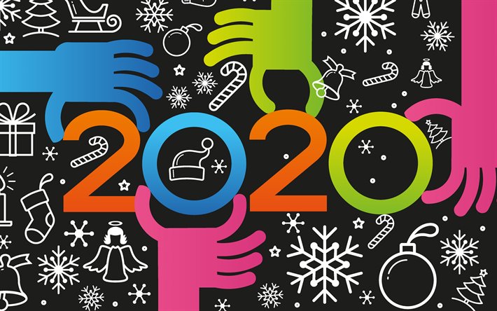 2020 with hands, 4k, abstract art, Happy New Year 2020, xmas decorations, 2020 abstract art, 2020 concepts, 2020 on black background, 2020 year digits