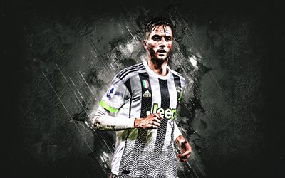Rodrigo Bentancur, Juventus, Uruguaylı futbolcu, orta saha oyuncusu, portre, gri arka plan taş, İtalya Serie A, futbol