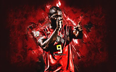 Romelu Lukaku, muotokuva, Belgian jalkapalloilija, Belgian jalkapallomaajoukkue, punainen kivi tausta, jalkapallo, Belgia