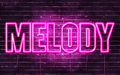 Melodia, 4k, taustakuvia nimet, naisten nimi&#228;, Melodia nimi, violetti neon valot, vaakasuuntainen teksti, kuva Melodia nimi