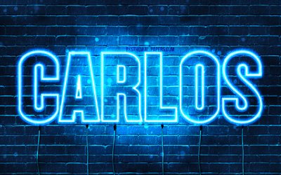 Carlos, 4k, taustakuvia nimet, vaakasuuntainen teksti, Carlos nimi, blue neon valot, kuva Carlos nimi