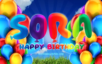 Sora Happy Birthday, 4k, cloudy sky background, Birthday Party, colorful ballons, Sora name, Happy Birthday Sora, Birthday concept, Sora Birthday, Sora