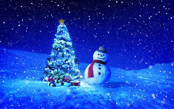 snowman, winter, new year tree, christmas decorations, xmas backgrounds, new years eve, christmas concepts, happy new year, xmas decorations, background with snowman