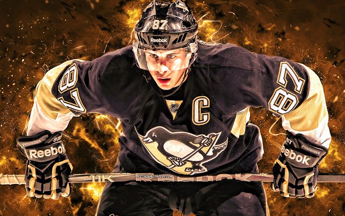 Sidney Crosby, Pittsburgh Penguins hokey yıldızlar, NHL, hokey oyuncuları, Sidney Patrick Crosby, hokey, neon ışıkları, USA