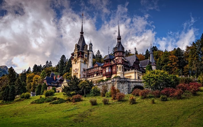 Peles Castle, Neo-Renaissance castle, beautiful castle, forest, green trees, Sinaia, Romania