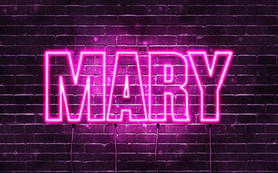 Mary, 4k, wallpapers with names, female names, Mary name, purple neon lights, horizontal text, picture with Mary name