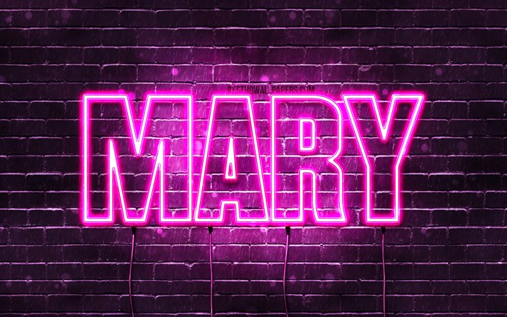 Mary, 4k, wallpapers with names, female names, Mary name, purple neon lights, horizontal text, picture with Mary name