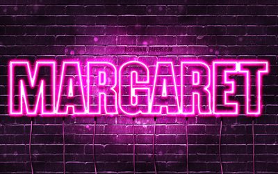 Margaret, 4k, wallpapers with names, female names, Margaret name, purple neon lights, horizontal text, picture with Margaret name