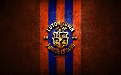 luton town fc, golden logo, efl-meisterschaft, orange metall hintergrund, fu&#223;ball, fc luton town, english football club, luton town fc-logo, fussball, england