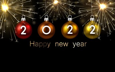 Felice Anno Nuovo 2022, 4k, 2022 Capodanno, palle di Natale, 2022 sfondo con palline, stelle filanti, Capodanno 2022, notte, 2022 concetti