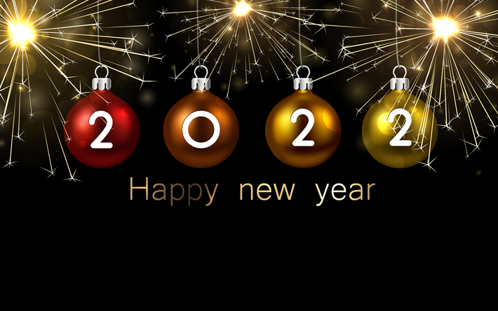 Feliz Ano Novo de 2022, 4k, 2022, Ano Novo, bolas de Natal, fundo de 2022 com bolas, estrelinhas, Ano Novo de 2022, noite, conceitos de 2022