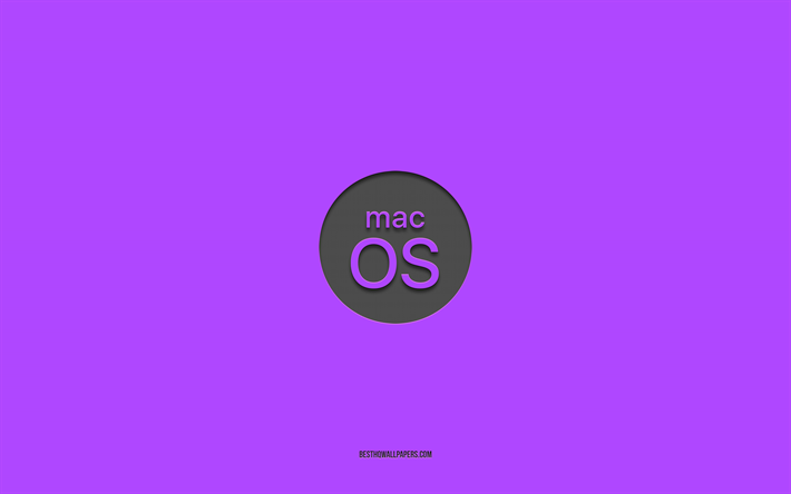 MacOS logo viola, 4k, minimalista, sfondo viola, mac, OS, logo macOS, emblema macOS