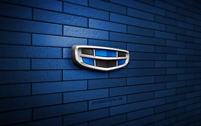 Logo Geely 3D, 4K, muro di mattoni blu, creativo, marchi di automobili, logo Geely, arte 3D, Geely