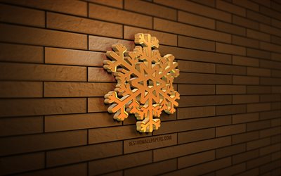 Golden 3D Snowflake, 4K, brown brickwall, Christmas decorations, Golden Snowflake, Happy New Year, Merry Christmas, Snowflake Icon, 3D art, xmas decorations, snowflakes