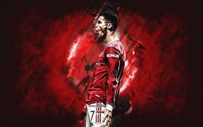 Cristiano Ronaldo, Manchester United FC, traditional goal celebration, CR7 Manchester United, soccer star, red stone background, CR7, soccer