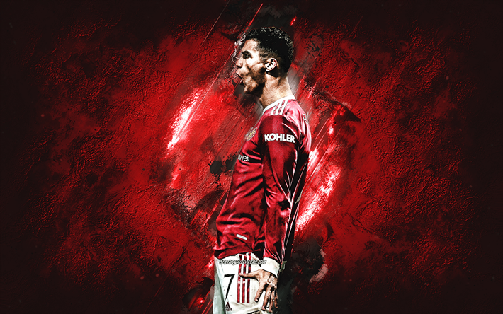 cristiano ronaldo, manchester united fc, traditionelle torfeier, cr7 manchester united, fu&#223;ballstar, roter steinhintergrund, cr7, fu&#223;ball