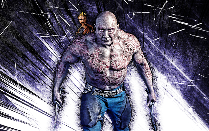 4k, Drax, grunge art, protagonists, Avengers Infinity War, Drax the Destroyer, violet abstract rays, Drax 4K, Drax Infinity War