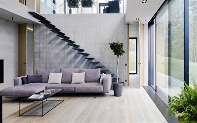 stylish modern design, living room, duplex apartment, loft style, black steps without railings, living room loft style, living room idea