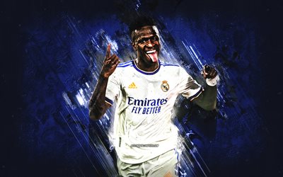 Vinicius Junior, footballeur br&#233;silien, Real Madrid, fond de pierre bleue, Vinicius Junior Real Madrid, La Liga, football