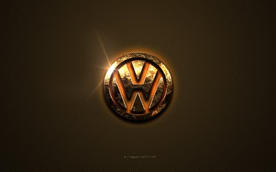 Logotipo dourado da Volkswagen, arte, fundo de metal marrom, emblema da Volkswagen, logotipo da Volkswagen, marcas, Volkswagen