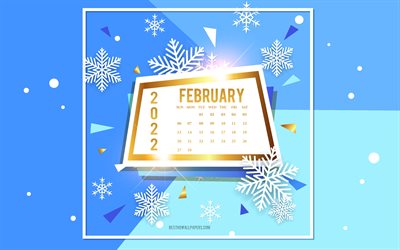 Februari 2022 Kalender, 4k, bl&#229; vinterbakgrund, vinterkalendrar, 2022 Februari Kalender, guldram, februari, 2022 koncept
