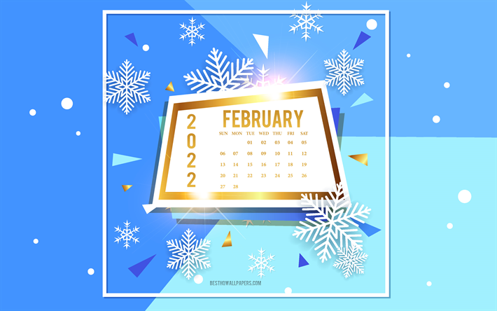 February 2022 Calendar, 4k, blue winter background, winter calendars, 2022 February Calendar, gold frame, February, 2022 concepts